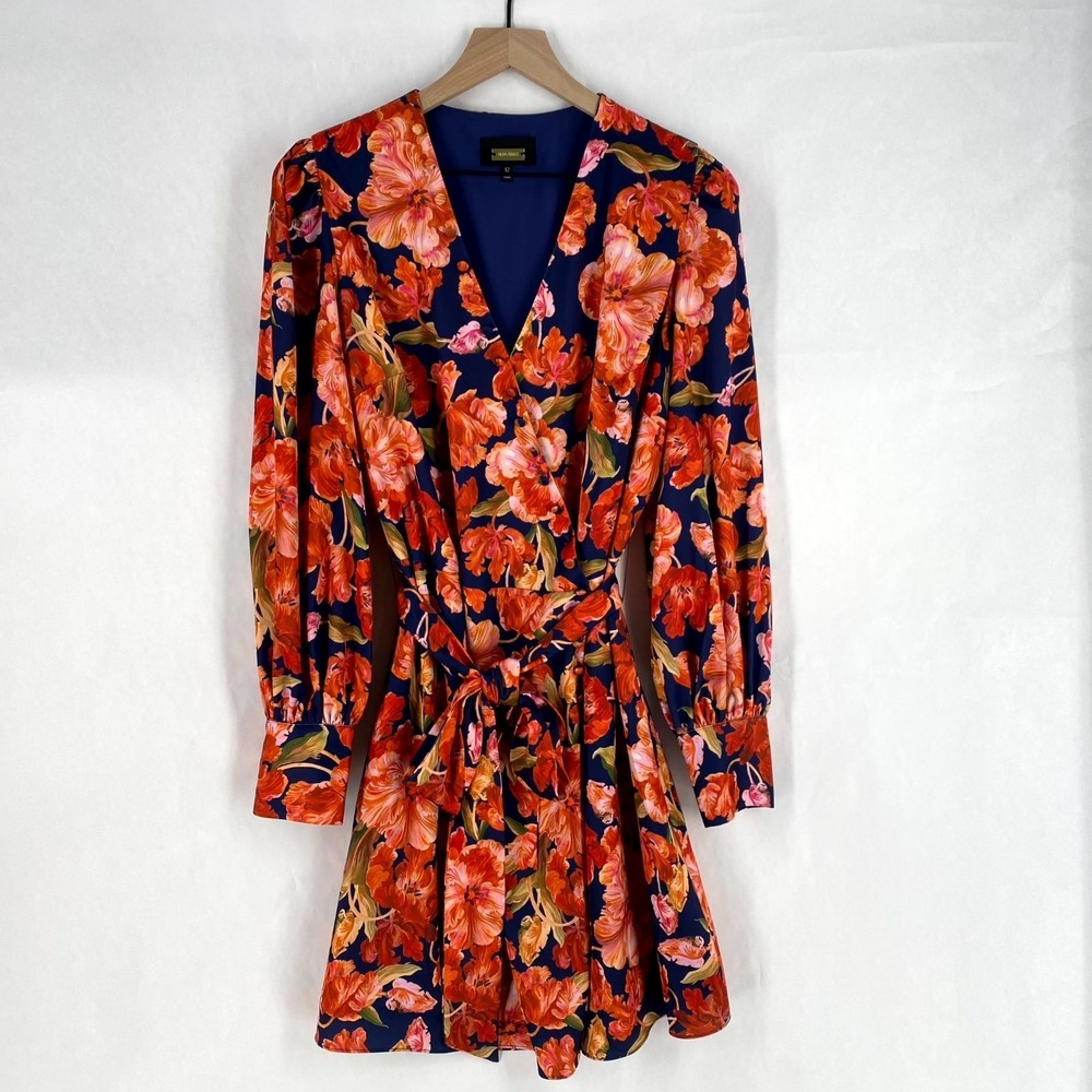 Alexia Admor Arya Wrap Dress Womens 12 Navy Orange Floral Puff Sleeve Tie Waist